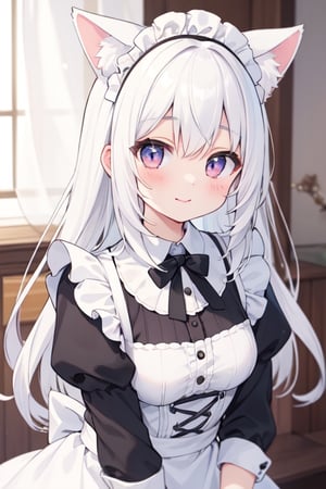 high quality , young_girl , kemonomimi , white_hair , small_breasts , sitting , whole body , :) , Maid clothes , long_hair