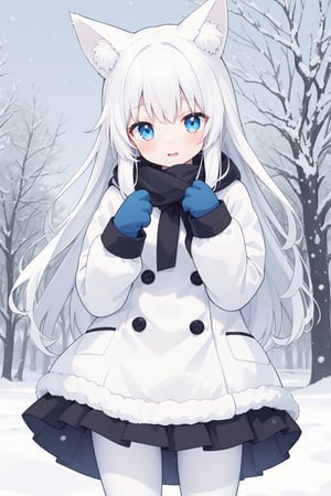 little girl , kemonomimi , white_hair , small_breasts , whole body , :) , Winter_clothes , long_hair , blue eyes , park , angel_ring ,falling_snow , albino_fox , white_tights , mittens