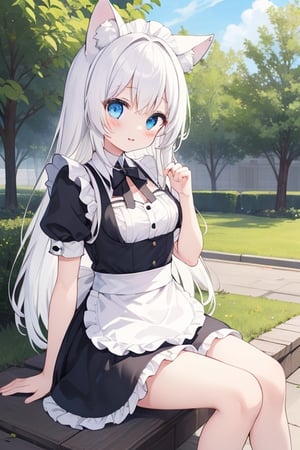 little girl , kemonomimi , white_hair , small_breasts , sitting , whole body , :) , Maid clothes , long_hair , blue eyes , park