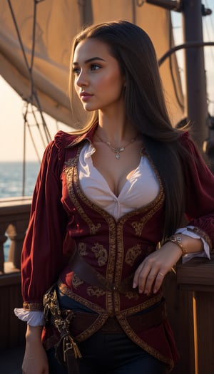 Sensual Beauty (Talia Morgulis) 18-th Century Pirate Captain, (vivid eyes), smooth long Brown ponytail hair, wearing, (traditional 18-th century Burgundy Pirate outfit), Commanding her ship, ((Pirate ship deck Background)) , (dynamic pose, random pose, modeling:1.4), (Mid body shot), sensual, beautiful, mesmerizing, concept art, highly detailed, artstation, behance, deviantart, inspired by innocent manga, inspired by video game concept art, trending, ayami kojima, shinichi sakamoto, Extremely Realistic, UHD, 8K, sharp focus, highly detailed masterpiece, bokeh, masterful volumetric lighting, epic light, intricate, intense colors, vibrant colors, chromatic aberration, epic fantasy, powerful aura, passionate, sensual, sexy, fiery,oil paint,Movie Poster,oil painting, chiaroscuro, tenebrism