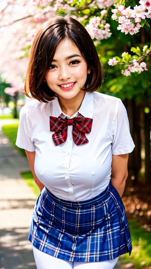 masterpiece, best quality, highres, aamahiru, short hair, red bowtie, white shirt, short sleeves, plaid skirt, brown skirt, pantyhose, , standing, cowboy shot, leaning forward, outdoors, cherry blossoms, smile, open mouth.