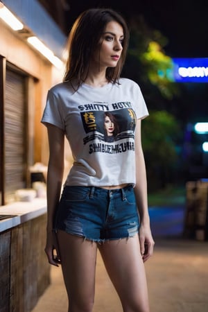 1girl,  standing,  (night:1.5),  shitty t-shirt navel base,  shorts,  slim body,  head tilt,  look,  pale brown hair,  medium breasts,  braless,  realistic film photography, beautiful face,  beautiful girl,  pale skin,  masterpiece,  (looking at viewer:1.3), long hair,  eyeliner,  emo,  emo makeup