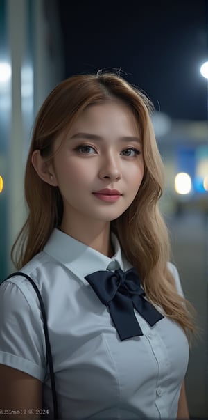 realistic, 1girl,(wearing a school uniform:1.4),(RAW photo, best quality), (realistic, photo-realistic:1.4), masterpiece, an extremely delicate and beautiful, extremely detailed, 2k wallpaper, Amazing, finely detail, extremely detailed CG unity 8k wallpaper, ultra-detailed, highres, soft light, beautiful detailed girl, extremely detailed eyes and face, beautiful detailed nose, beautiful detailed eyes,cinematic lighting,city lights at night,perfect anatomy,slender body,full body,(smiling),blonde hair,school uniform