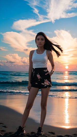 1girl, beach sunset detailed, (lofi, analog, motion blur ) by Brandon Woelfel,3d style