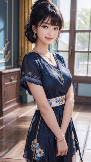 (best quality, masterpiece, ultra detailed, 8K, RAW photo), absuredres, a beautiful student model holding a sparrow, long black chignon with blunt bangs, azure outfit,grey eyes,parted greasy lips,kind smile,intricate jewelry,necklace,earrings, bliss, joyful, floral background,vibrant color, colorful,
