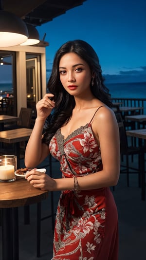 (8k, RAW photo, best quality, depth of field, ultra high res:1.2), (intricate, photorealistic, masterpiece, ultra-detailed), dynamic lighting, a woman in an outdoor restaurant overlooking the ocean, table has food and drinks, candles, vibrant colors, she is styling with a Hawaiian dress, detailed expressive eyes, bright mood lighting,