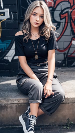 French girl,grey blonde hair(very long hair, curly_hair),hiphop dancer,wearing all black clothes (short sleeves loose fit top and cargo pants),sneakers, sitting at red brick wall(graffiti ),accessories(necklace,ear_rings),Best Quality, 32k, photorealistic, ultra-detailed, finely detailed, high resolution, perfect dynamic composition, beautiful detailed eyes, sharp-focus, cowboy_shot, 