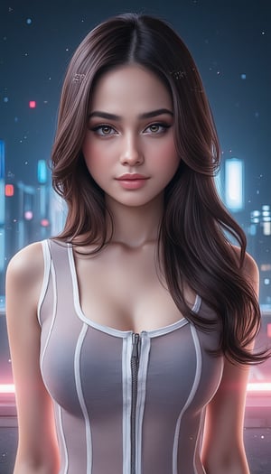 In this official art masterpiece, a stunning Korean woman stands out against a dark cityscape backdrop. Her sharp features are sharply focused, showcasing her beautiful, gorgeous, and cute facial structure. She wears a sheer-white romper with a front zip, accentuating her slender figure. Delicate and detailed, her hair flows down her back like silk, framing her porcelain-pale skin and mesmerizing platinum pink locks. Her eyes sparkle like sapphires, shining bright as she flashes a radiant smile, revealing pearly whites. The cityscape behind her is alive with neon lights and dust particles, while the buildings in the distance fade into a misty blue glow. The overall scene is dynamic, with the subject's long straight hair whipping out around her, complete with tiny hair ornaments that catch the light.