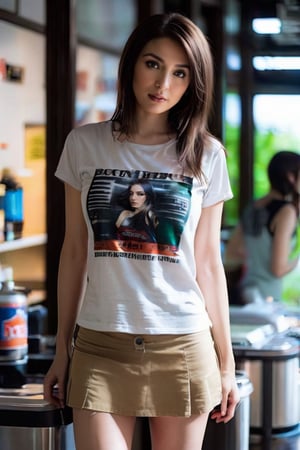 1girl,  standing, shitty t-shirt navel base,  skimpy short skirt, slim body,  head tilt,  look,  pale brown hair,  medium breasts,  braless,  realistic film photography, beautiful face,  beautiful girl,  pale skin,  masterpiece,  (looking at viewer:1.3), long hair,  eyeliner,  emo,  emo makeup