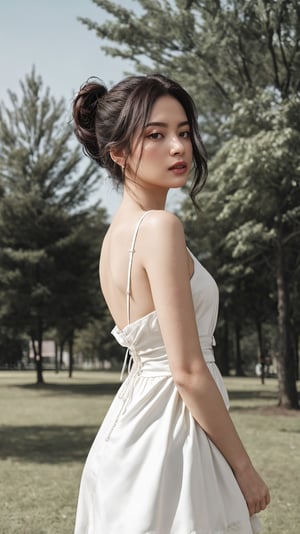 (((masterpiece, best quality, very aesthetic, realistic, absurdres))), small size dress, handscarft, wind, park, trees, solo, 1girl, fluttering hair, auburn short ponytail, ribbon, drooling, shy, blush, open mouth, moist skin, pretty face, slim figure,