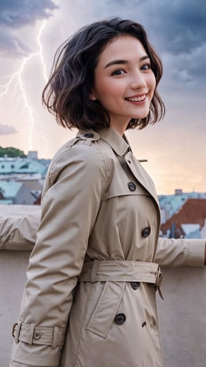 a cute little girl with a round cherubic face blue eyes and short wavy light brown hair smiles,Quiff haircut,Outerwear Trench coat in a classic beige with a double-breasted closure.,Giving thumbs down,Goblin,Fashion shot,Sagrada Familia,Tallinn,Thunderstorm clouds with flashes of lightning,minimalistic sharp outlines glass translucency Curly electric field long exposure contour Swirling (Dilapidated iridescent mercury:1.1) veins in colored fiber optic hightly detailled perfect body back light ligth flow spread arms,detailed masterpiece most beautiful artwork in the world Ultrarealistic,split lighting