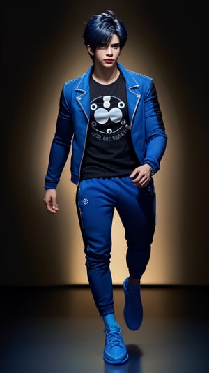 A youthful African American male, aged 20, with a distinctive side-cut hairstyle and a stylish ensemble. He dons a sleek blue jacket adorned with subtle white stitching, paired with a black graphic t-shirt featuring a prominent white circle design. His attire is completed by black joggers and bold blue sneakers. As he strides confidently through the scene, his features are captured in crisp high-resolution detail, reminiscent of Disney Pixar's signature style. The lighting is warm and inviting, casting a gentle glow on his relaxed yet purposeful walk.