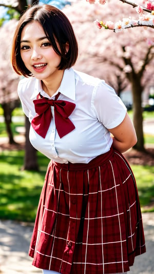 masterpiece, best quality, highres, aamahiru, short hair, red bowtie, white shirt, short sleeves, plaid skirt, brown skirt, pantyhose, , standing, cowboy shot, leaning forward, arms behind back, outdoors, cherry blossoms, smile, open mouth.