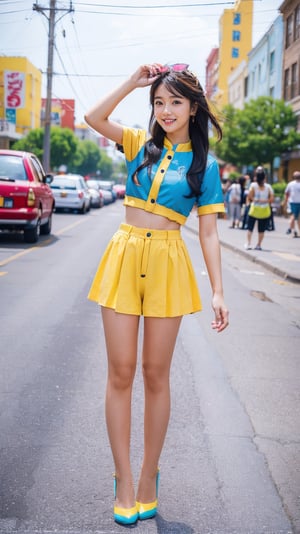 A fashionable young girl taking photos in the sunny weather, wearing trendy clothes, with a background of Memphis-style photography elements, featuring bright colors and artistic vibes. High-definition photo of a trendy girl in vibrant Memphis-style setting under the sun, full of lively colors and youthful energy,light,Nice legs and hot body,ao dai,More Detail,masterpiece
