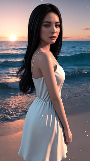 1girl, dress, beach sunset detailed, (lofi, analog, motion blur ) by Brandon Woelfel,3d style