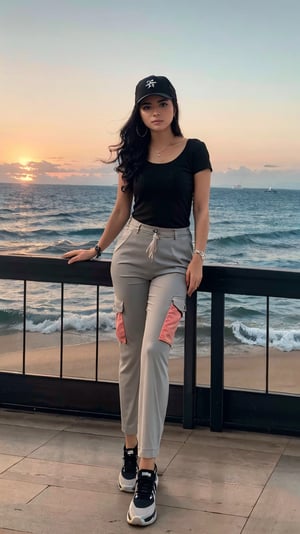 French girl,grey blonde hair(very long hair, curly_hair),long ponytail,hiphop dancer,wearing all black clothes (loose fit top and wide cargo pants),sneakers,accessories(necklace,ear_rings)baseball cap, sitting at sea bank,horizon,seaside,vivid sea color,red lighthouse,sunset,Best Quality, 32k, photorealistic, ultra-detailed, finely detailed, high resolution, perfect dynamic composition, beautiful detailed eyes, sharp-focus, cowboy_shot, 