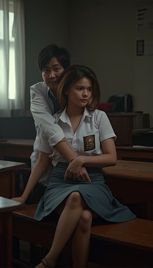 A sultry young girl sits provocatively on a table in the classroom beside her teacher, Her male teacher hugged her from the side, and lifted her skirt, her white shirt partially lifted to reveal a hint of skin beneath. The grey school uniform skirt is lifted, showcasing her toned legs. A naughty expression dances across her face, accompanied by an alluring gaze. Dim lighting casts a sultry ambiance, with ray tracing and dynamic lighting rendering the scene in stunning detail. The subject's skin glistens with subtle reflexes, as if illuminated by an unseen light source. ((school uniform, sma, white shirt, grey skirt))