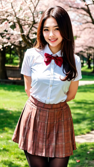 masterpiece, best quality, highres, aamahiru, long hair, red bowtie, white shirt, short sleeves, plaid skirt, brown skirt, pantyhose, , standing, cowboy shot, leaning forward, arms behind back, outdoors, cherry blossoms, smile, open mouth.