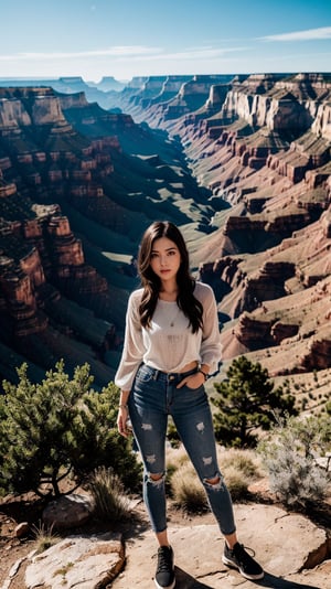 a charismatic woman,Bleached spikes,Grey,full body shot,majestic Grand Canyon offers breathtaking vistas at every turn,style by Brandon Woelfel,professional studio quality hyperdetailed masterpiece,Cinestill 50,Ethereal Lighting