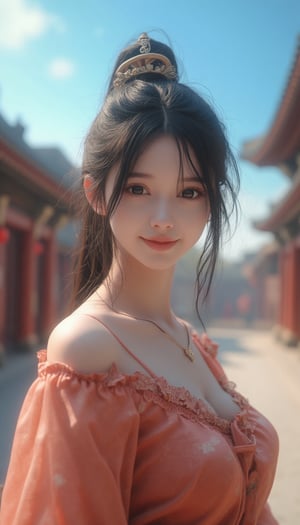 {{masterpiece, best quality, extremely detailed CG, unity 8k wallpaper, cinematic lighting}}, traditional Chinese realistic photography, 1girl, young woman, full body, ancient architecture, blue sky, sunny day, wooden architecture, prominent protagonist, smile, big eyes, beautiful detailed eyes, looking at the audience, long eyelashes