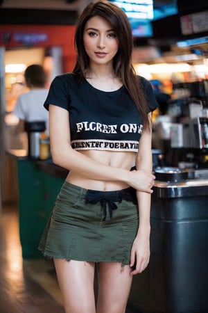 1girl,  standing, shitty t-shirt navel base,  skimpy short skirt, slim body,  head tilt,  look,  pale brown hair,  medium breasts,  braless,  realistic film photography, beautiful face,  beautiful girl,  pale skin,  masterpiece,  (looking at viewer:1.3), long hair,  eyeliner,  emo,  emo makeup