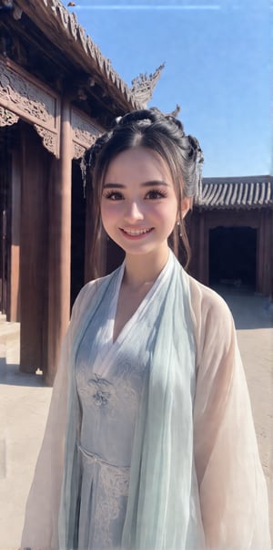 A stunning 8K masterpiece! A young woman, dressed in traditional Chinese attire, stands proudly in front of an intricately carved wooden structure, set against a brilliant blue sky with soft, warm sunlight casting a gentle glow. Her bright smile and captivating big eyes, accentuated by delicate long eyelashes, seem to directly connect with the viewer. The protagonist's full body is beautifully rendered, showcasing intricate details on her traditional clothing. The ancient architecture behind her appears as a majestic backdrop, exuding serenity and cultural richness.