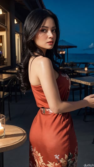 (8k, RAW photo, best quality, depth of field, ultra high res:1.2), (intricate, photorealistic, masterpiece, ultra-detailed), dynamic lighting, a woman in an outdoor restaurant overlooking the ocean, table has food and drinks, candles, vibrant colors, she is styling with a Hawaiian dress, detailed expressive eyes, bright mood lighting,