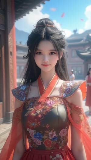 {{masterpiece, best quality, extremely detailed CG, unity 8k wallpaper, cinematic lighting}}, traditional Chinese realistic photography, 1girl, young woman, full body, ancient architecture, blue sky, sunny day, wooden architecture, prominent protagonist, smile, big eyes, beautiful detailed eyes, looking at the audience, long eyelashes