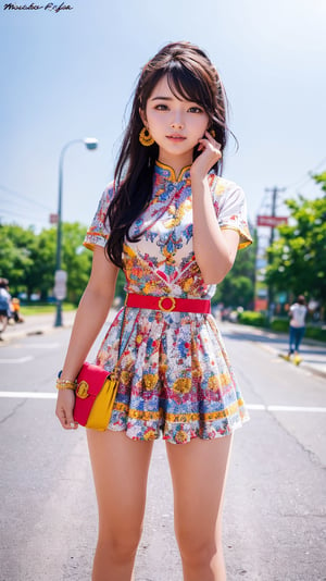 A fashionable young girl taking photos in the sunny weather, wearing trendy clothes, with a background of Memphis-style photography elements, featuring bright colors and artistic vibes. High-definition photo of a trendy girl in vibrant Memphis-style setting under the sun, full of lively colors and youthful energy,light,Nice legs and hot body,ao dai,More Detail,masterpiece
