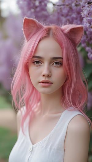 1girl, solo, cute girl with pink hair, pink eyes, wisteria flower background, soft natural light, cat ears, sleeveless white shirt, RAW candid cinema, 16mm, color graded portra 400 film, remarkable color, ultra realistic, textured skin, remarkable detailed pupils, realistic dull skin noise, visible skin detail, skin fuzz, dry skin, shot with cinematic camera