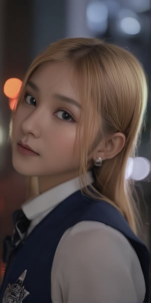 realistic, 1girl,(wearing a school uniform:1.4),(RAW photo, best quality), (realistic, photo-realistic:1.4), masterpiece, an extremely delicate and beautiful, extremely detailed, 2k wallpaper, Amazing, finely detail, extremely detailed CG unity 8k wallpaper, ultra-detailed, highres, soft light, beautiful detailed girl, extremely detailed eyes and face, beautiful detailed nose, beautiful detailed eyes,cinematic lighting,city lights at night,perfect anatomy,slender body,close up,(smiling),blonde hair,school uniform