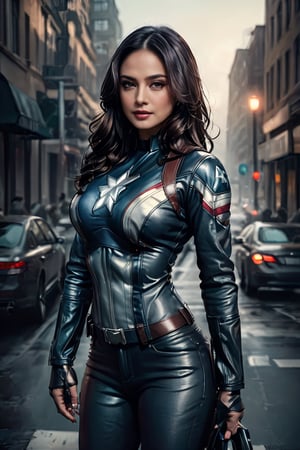 photo realistic, full body (Sarah Jordan), dressed in a very tight Captain America suit, black hair, long wavy hair (tetradic colors), no mask, night city background, inkpunk, full shot, cel-shading style, centered image, ultra detailed illustration, ink lines, strong contours, art nouveau, MSchiffer art, bold strokes, no frame, high contrast, cellular shading, vector, 32k resolution, best quality, procreation, watercolor technique, poster design, 300dpi, soft lighting, ethereal art, mysterious and serene expression, charming atmosphere, bokeh, photography, 8k, dark and dynamic action, pale faded style, dreamy nostalgic, soft focus, dark vignetting, light leaks, medium photography, art painting of shadows, ethereal photography, whimsical and rough grain