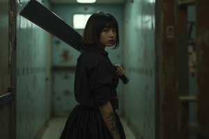 In a dimly lit, abandoned prison cell, a solitary figure stands, shrouded in an aura of dread and foreboding. A beautiful asian woman with a bob cut, two-tone hair, and a black shirt under her black high-waisted skirt dons a latex uniform adorned with dragon tattoos. She holds a katana over her shoulder, its reflection rippling on the marble-patterned background like a dark mirror. Her face is a masterpiece of elegance and brutality, set against a backdrop of vivid colors and dramatic lighting. The overall composition evokes a sense of unity and chaos, as if the very fabric of reality has been torn asunder. In this cinematic masterpiece, the boundaries between horror art and realist portraiture blur, beckoning the viewer into a realm of beauty and unease.