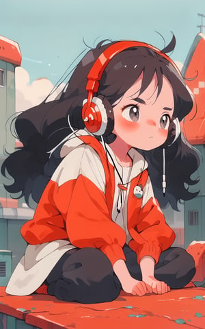 score_9,score_8_up,score_7_up,A A girl is gazing into the distance from the roof,Wearing headphones wearing a red vest, with long hair, alone, looking tired ,full body long shot ,Black hair,raking light,contour drawing, --ar 3:4 --niji 5 --5
180