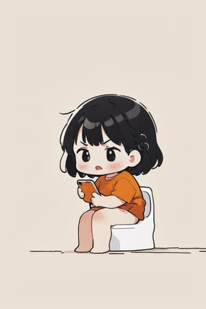 score_9,score_8_up,score_7_up,HD, wallpaper, 4k,A little girl sitting on the toilet looking at her phone with a braid ， angry，bite lips，cheek with one hand,orange T-shirt, no pants on, alone ，side view,full body,extreme long shot ,Black hair ,contour drawing, ,Simple white background,txznmk,chibi