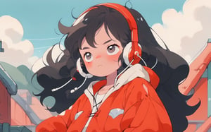 score_9,score_8_up,score_7_up,A A girl is gazing into the distance from the roof,Wearing headphones wearing a red vest, with long hair, alone, looking tired ,full body long shot ,Black hair,raking light,contour drawing, --ar 3:4 --niji 5 --5
180