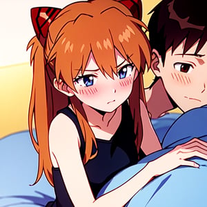 evangelion anime style, 

asuka_langley_souryuu, girl, orange long hair, blue eyes,  shy and blush, small breast
shinji_ikari, boy, brown hair, brown eyes, shy and blush

hugging in bed, facing each other, ready for sex