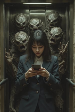 A group of evil, ugly human demonic beings encamping around an innocent beautiful Japanese business woman inside a lift. The female stares at her phone, looking down, unaware of the beings hovering over her shoulders, reaching out to grab her.