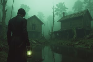 Dark, atmospheric swamp scene with decaying wooden shacks in murky water, surrounded by fog and overgrown vines. Rugged hunter in Victorian clothing holding a faintly glowing lantern. Desaturated color palette of dark greens and grays, emphasizing realism and tension.