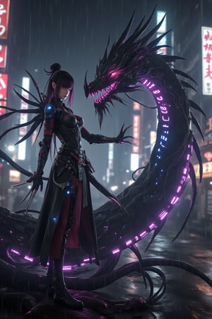 A highly-detailed 3D render of a Japanese dark fantasy scene, featuring a fierce young girl with a cybernetic arm and traditional samurai armor fused with futuristic tech elements. She stands alongside a massive, neon-lit dragon, its scales composed of metal and circuitry, glowing with pulsating blue and purple lights. The dragon's design blends traditional Japanese mythology with high-tech cyberpunk aesthetics, with visible wiring and holographic scales. The scene is set in a misty, dimly lit alley in a futuristic Tokyo, with neon kanji signs illuminating the fog. The girl's expression is calm but determined, her glowing cybernetic eyes and the dragon's mechanical gaze echoing the spirit of Ghost in the Shell. Shadows and glowing lights create a moody, cinematic atmosphere, adding depth and mystery to the scene.,Niji_jenglord_flux,CRY_ENGINE,LORA FLUX,GAME,MECHA