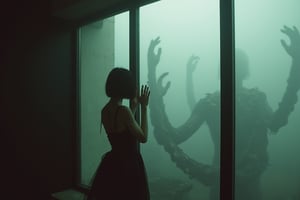 A woman in a dramatic black dress stands by a large glass window, gazing into the swirling mist beyond, her arms gracefully lifted as if caught in a dance with the fog. The window, set against a shadowy black wall, shimmers with a dim amber light that casts elongated shadows. Her face remains hidden, her bob hairstyle barely discernible in the darkness. The background blurs into a ghostly white wall, amplifying the scene’s surreal, dreamlike atmosphere.