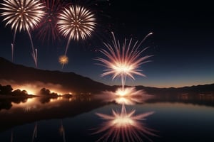 photorealistic, epic shot of fireworks exploding, night sky, over warer, reflection