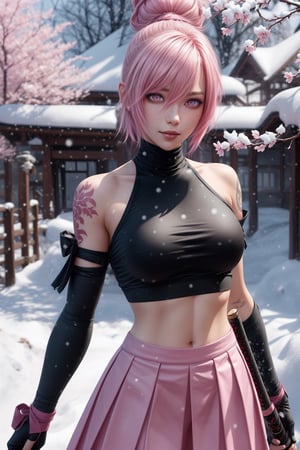 Riven,pink_hair,bun,pink_skirt,black_croptop_highneck,1girl,katana,Snow_cherry_blossom,snow,More Detail,bare_shoulder,tattoo,fight,pink_aura,cute,detailed_face,detailed_eyes,detailed_hair,