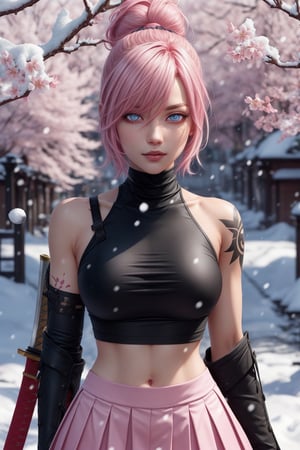 Riven,pink_hair,bun,pink_skirt,black_croptop_highneck,1girl,katana,Snow_cherry_blossom,snow,More Detail,bare_shoulder,tattoo,fight,pink_aura,cute,detailed_face,detailed_eyes,detailed_hair,pink_pupils