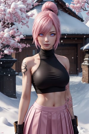 Riven,pink_hair,bun,pink_skirt,black_croptop_highneck,1girl,katana,Snow_cherry_blossom,snow,More Detail,bare_shoulder,tattoo,fight,pink_aura,cute,detailed_face,detailed_eyes,detailed_hair,pink_eyes