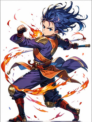 1male warrior, half-chibi, side view, full_body_view, zoom_out, fighting pose, white background,128 colors, black border, fire emblem inspired,score_9, score_8_up, score_7_up,source_anime,BREAK,