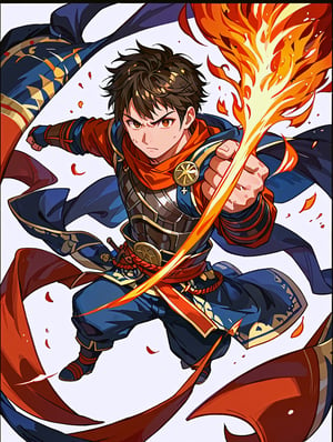 1male warrior, half-chibi, face 3/4 angle view, full_body, fighting pose, white background,128 colors, black border, fire emblem inspired,score_9, score_8_up, score_7_up,source_anime,BREAK,