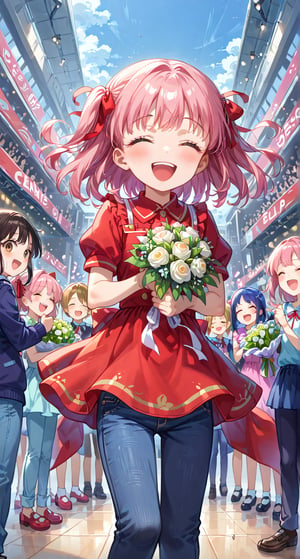 A lively pink hair anime girl dressed in a red one-piece, blue jeans, red big ribbon, stands proudly in front of a crowd of young children and a bouquet of reds and yellows. The girl's dress billows in the wind as she sings to a chorus that echoes through the city, and a group of excited children laugh and play around her, laughing together. OR In a bustling city, a young girl dressed in red one-piece, blue jeans, red big ribbon, holds an air of joy and joy under her skin. The crowd cheers and claps as she sings to a crowd of young children, all of whom dance and cheer in joy. OR In a bustling city, a pink hair anime girl dressed in red one-piece, blue jeans, red big ribbon, stands proudly in front of a crowd of young children and a bouquet of reds and yellows. The crowd cheers and claps as she sings to a crowd of young children, all of whom dance