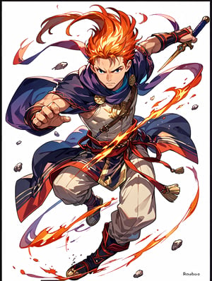 1male warrior, half-chibi, side view, full_body_view, zoom_out, fighting pose, white background,128 colors, black border, fire emblem inspired,score_9, score_8_up, score_7_up,source_anime,BREAK,