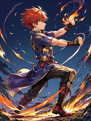 1male warrior, half-chibi, side view, full_body_view, zoom_out, fighting pose, in battle field,128 colors, black border, fire emblem inspired,score_9, score_8_up, score_7_up,source_anime,BREAK,